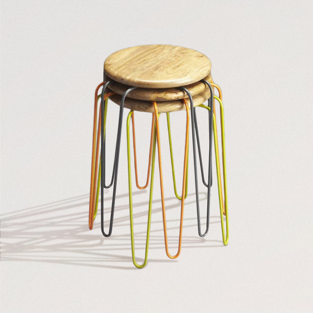 MARILYN Stackable Stools in Mango Wood + Iron (Set of 3)
