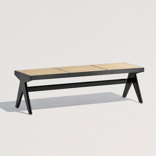 Bench in Solid Ash Wood & Rattan (Black) - Wooden Soul