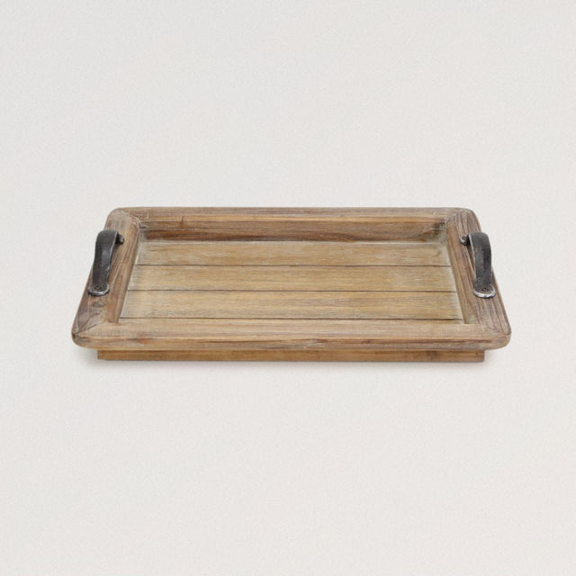 BRENDA Panelled Wood Tray with Antiqued Metal Handles - WOODEN SOUL
