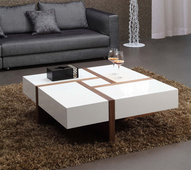 Interlocking Square Coffee Table with Hidden Drawers in Polished White Wood - Wooden Soul