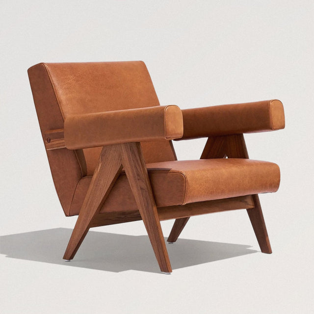 LEONARD Wooden Lounge Chair in Caramel Leather + Walnut Ash - Wooden Soul