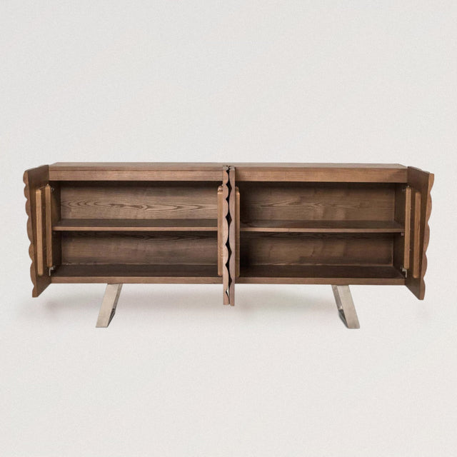 Midcentury Modern Carved Inlay Buffet / Sideboard Cabinet in Solid Walnut Wood - Wooden Soul