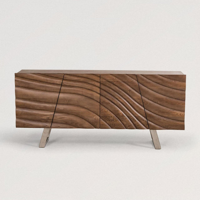 Midcentury Modern Carved Inlay Buffet / Sideboard Cabinet in Solid Walnut Wood - Wooden Soul