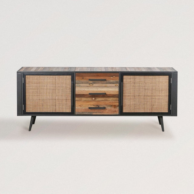 Multicolored Buffet / Sideboard Cabinet with Rattan Detailing and Reclaimed Wood (79") - Wooden Soul