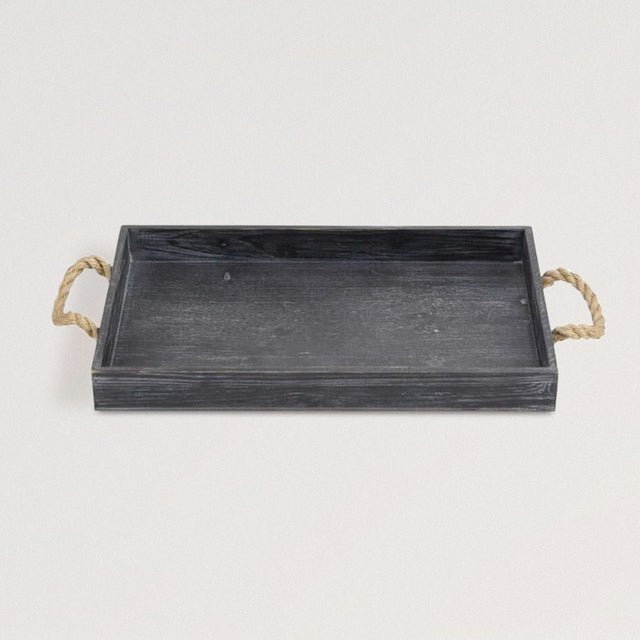 ROBBINS Serving Tray with Rope Handles in Solid Fir Wood (Black) - WOODEN SOUL