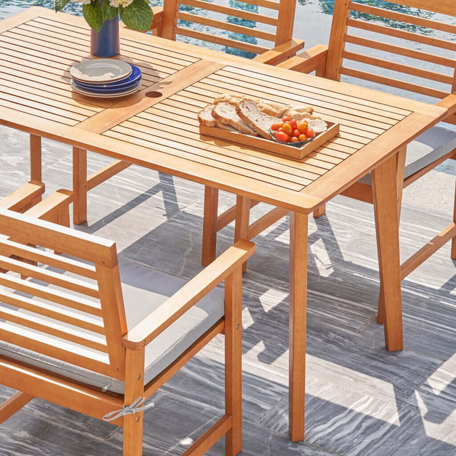 Wooden Slatted Outdoor Table in Natural Eucalyptus Wood Detail - Wooden Soul