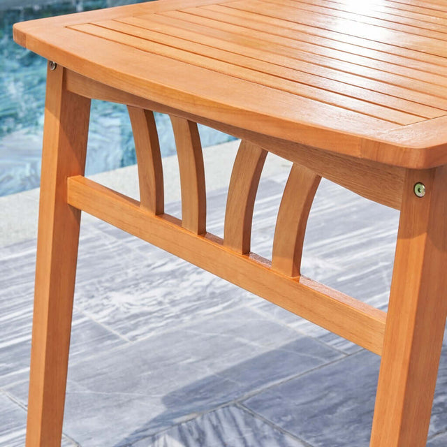 Wooden Slatted Outdoor Table With End Supports in Eucalyptus Wood Side Detail - Wooden Soul